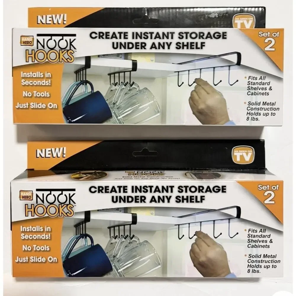 Hang Hero Nook Hooks Under Shelf Storage Rack Set 2 No Tools Metal Kitchen NEW